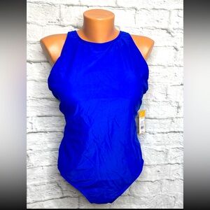 Kona Sol Women's High Neck One Piece Swimsuit Large 12-14 Blue